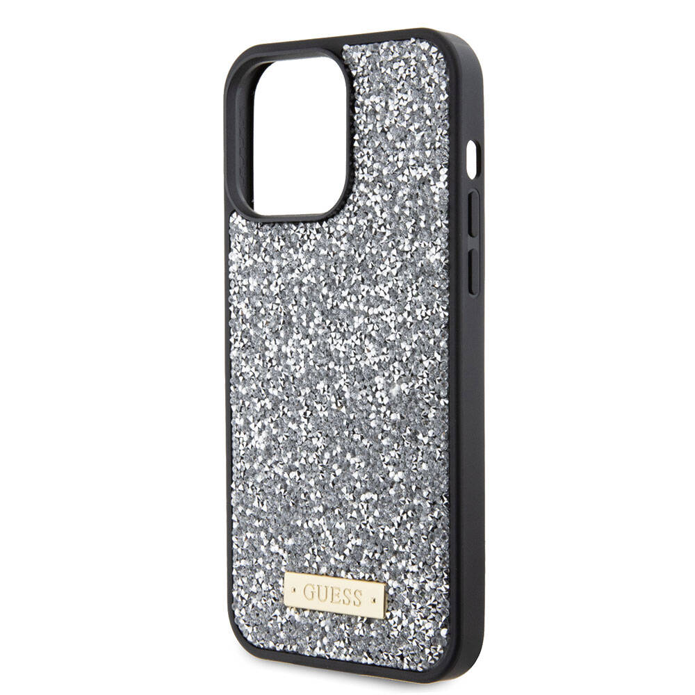 Apple iPhone 15 Pro Max Kılıf Guess Orjinal Lisanslı Taşlı Arka Yüzey Metal Yazı Logolu Kapak
