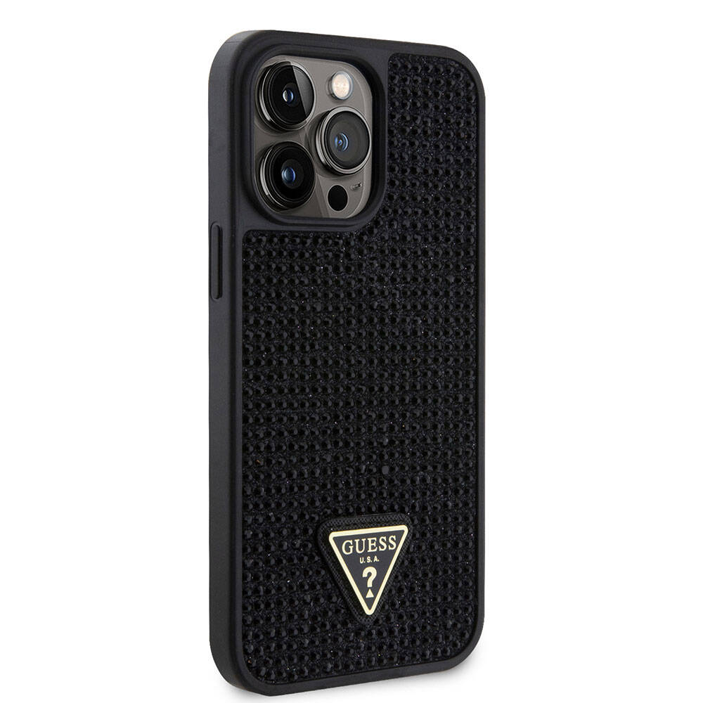 Apple iPhone 15 Pro Max Kılıf Guess Orjinal Lisanslı Taşlı Arka Yüzey Üçgen Logolu Kapak