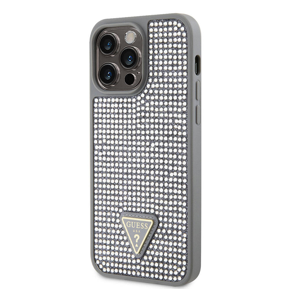 Apple iPhone 15 Pro Max Kılıf Guess Orjinal Lisanslı Taşlı Arka Yüzey Üçgen Logolu Kapak
