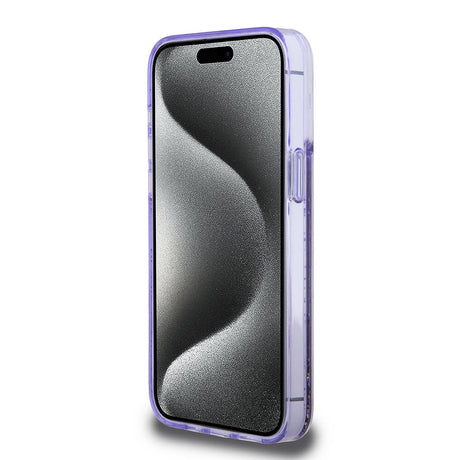 Apple iPhone 15 Pro Max Kılıf Guess Orjinal Lisanslı Transparan Sıvılı Simli Altın Çizgili Kapak
