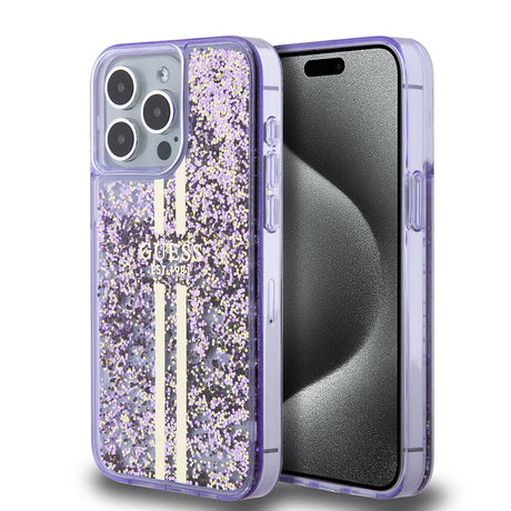 Apple iPhone 15 Pro Max Kılıf Guess Orjinal Lisanslı Transparan Sıvılı Simli Altın Çizgili Kapak