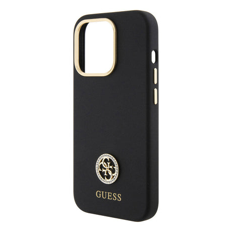 Apple iPhone 15 Pro Max Kılıf Guess Orjinal Lisanslı Yazı ve Taşlı 4G Logolu Metal Kamera Çerçeveli Silikon Kapak