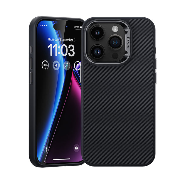 Apple iPhone 15 Pro Max Kılıf Karbon Fiber M-safe Şarj Özellikli Benks Hybrid ArmorPro 600D Kevlar Kapak