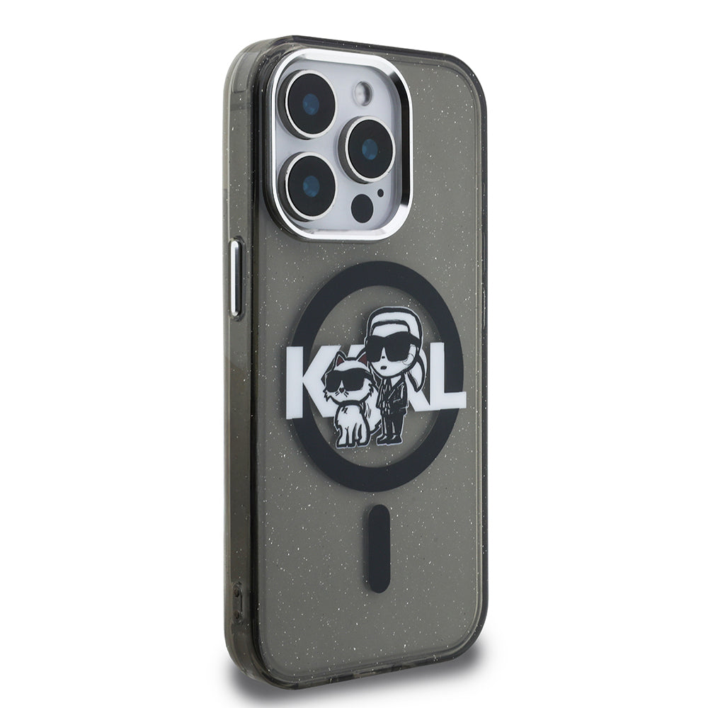 Apple iPhone 15 Pro Max Kılıf Karl Lagerfeld Orjinal Lisanslı Parlayan Simli Karl & Choupette Sketch Logo Kapak