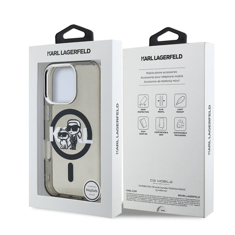 Apple iPhone 15 Pro Max Kılıf Karl Lagerfeld Orjinal Lisanslı Parlayan Simli Karl & Choupette Sketch Logo Kapak