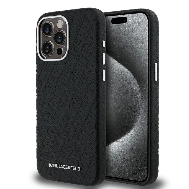 Apple iPhone 15 Pro Max Kılıf Karl Lagerfeld Orjinal Lisanslı PU Deri Damgalı Metal Yazı Logolu Kapak