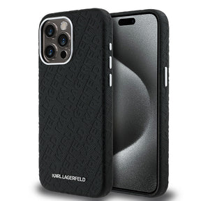 Apple iPhone 15 Pro Max Kılıf Karl Lagerfeld Orjinal Lisanslı PU Deri Damgalı Metal Yazı Logolu Kapak