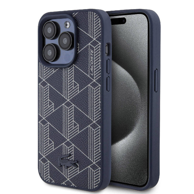 Apple iPhone 15 Pro Max Kılıf Lacoste Orjinal Lisanslı M-safe Şarj Özellikli PU Deri Görünümlü Karışık Monogram Desenli Kapak