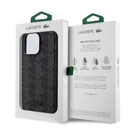 Apple iPhone 15 Pro Max Kılıf Lacoste Orjinal Lisanslı M-safe Şarj Özellikli PU Deri Görünümlü Karışık Monogram Desenli Kapak