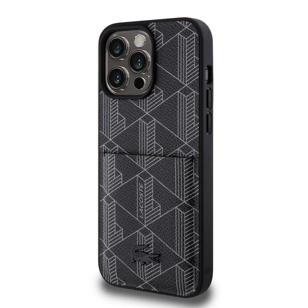 Apple iPhone 15 Pro Max Kılıf Lacoste Orjinal Lisanslı M-safe Şarj Özellikli PU Deri Görünümlü Kartlıklı Karışık Monogram Desenli Kapak