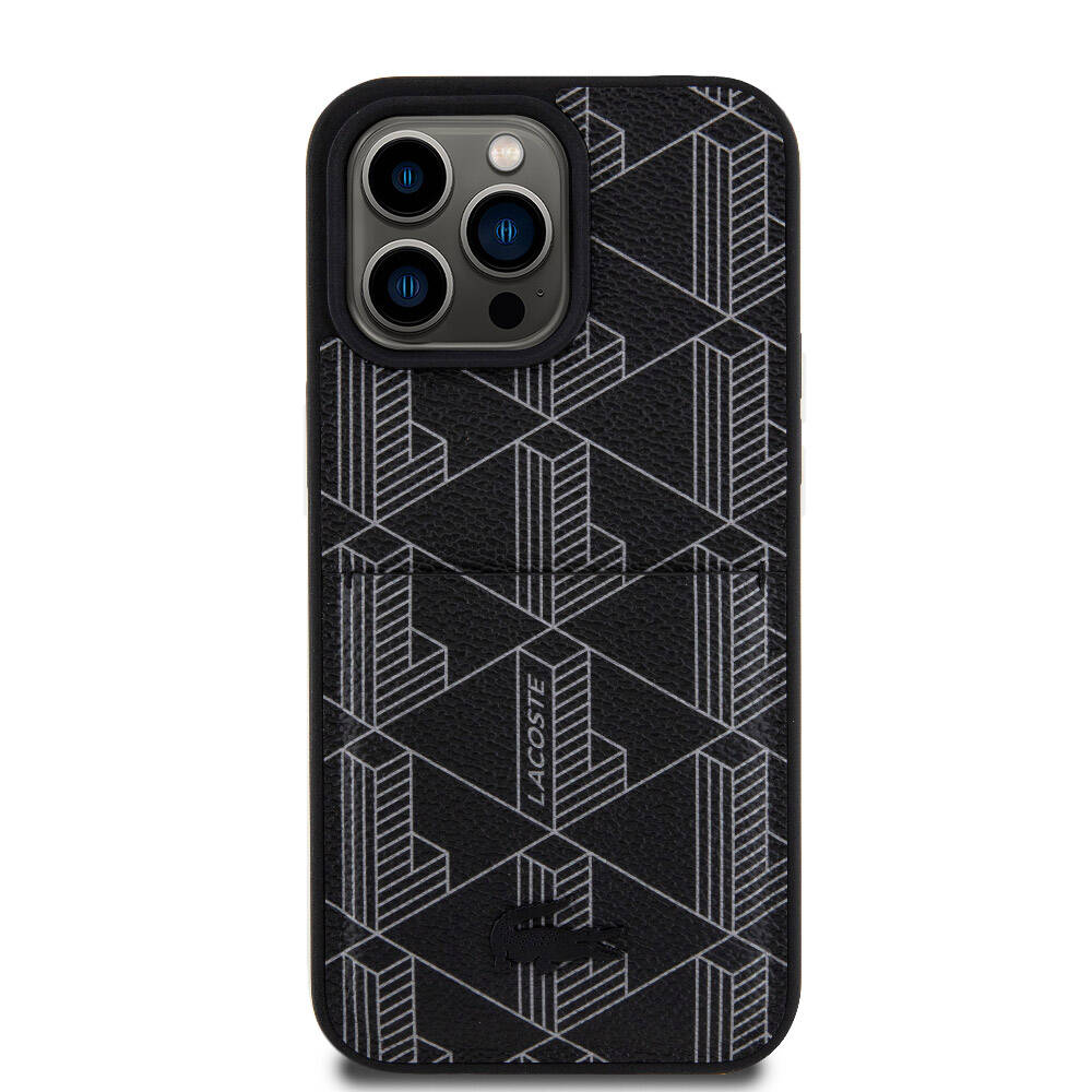 Apple iPhone 15 Pro Max Kılıf Lacoste Orjinal Lisanslı M-safe Şarj Özellikli PU Deri Görünümlü Kartlıklı Karışık Monogram Desenli Kapak