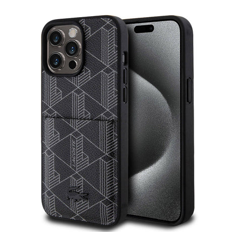 Apple iPhone 15 Pro Max Kılıf Lacoste Orjinal Lisanslı M-safe Şarj Özellikli PU Deri Görünümlü Kartlıklı Karışık Monogram Desenli Kapak