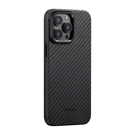Apple iPhone 15 Pro Max Kılıf M-safe Şarj Özellikli 1500D Aramid Fiber Pitaka Military-Grade Classic Serisi Black-Grey Twill Kapak