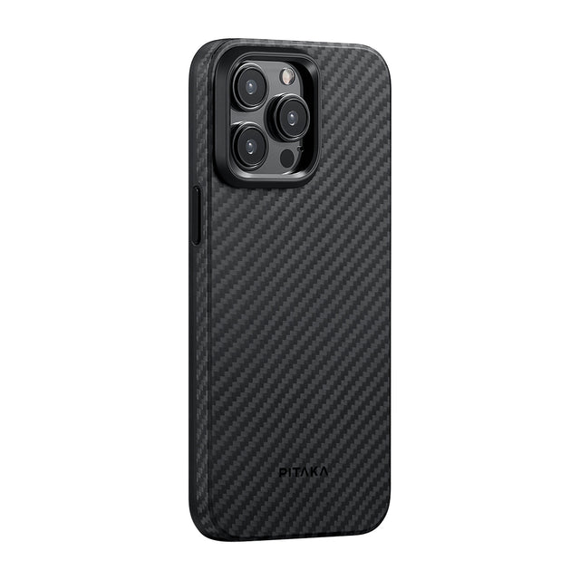 Apple iPhone 15 Pro Max Kılıf M-safe Şarj Özellikli 1500D Aramid Fiber Pitaka Military-Grade Classic Serisi Black-Grey Twill Kapak