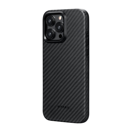Apple iPhone 15 Pro Max Kılıf M-safe Şarj Özellikli 1500D Aramid Fiber Pitaka Military-Grade Classic Serisi Black-Grey Twill Kapak