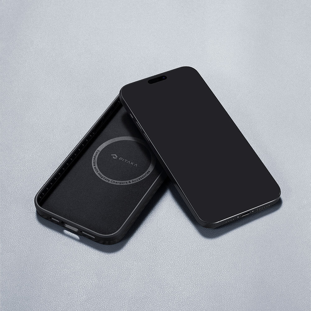 Apple iPhone 15 Pro Max Kılıf M-safe Şarj Özellikli 1500D Aramid Fiber Pitaka Military-Grade Classic Serisi Black-Grey Twill Kapak