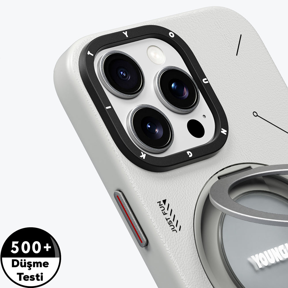 Apple iPhone 15 Pro Max Kılıf M-safe Şarj Özellikli 360° Standlı Basit Mat Deri Desenli Youngkit Tech Leather Serisi Kapak