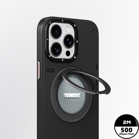 Apple iPhone 15 Pro Max Kılıf M-safe Şarj Özellikli 360° Standlı Basit Mat Deri Desenli Youngkit Tech Leather Serisi Kapak