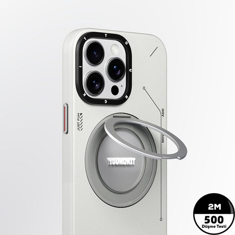 Apple iPhone 15 Pro Max Kılıf M-safe Şarj Özellikli 360° Standlı Basit Mat Deri Desenli Youngkit Tech Leather Serisi Kapak