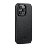 Apple iPhone 15 Pro Max Kılıf M-safe Şarj Özellikli 600D Aramid Fiber Pitaka Military-Grade Classic Serisi Black-Grey Twill Kapak