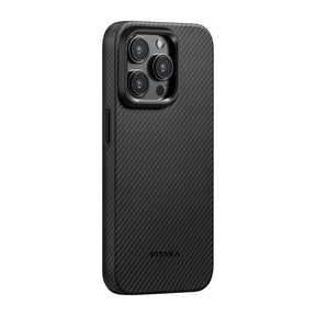 Apple iPhone 15 Pro Max Kılıf M-safe Şarj Özellikli 600D Aramid Fiber Pitaka Military-Grade Classic Serisi Black-Grey Twill Kapak
