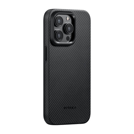 Apple iPhone 15 Pro Max Kılıf M-safe Şarj Özellikli 600D Aramid Fiber Pitaka Military-Grade Classic Serisi Black-Grey Twill Kapak
