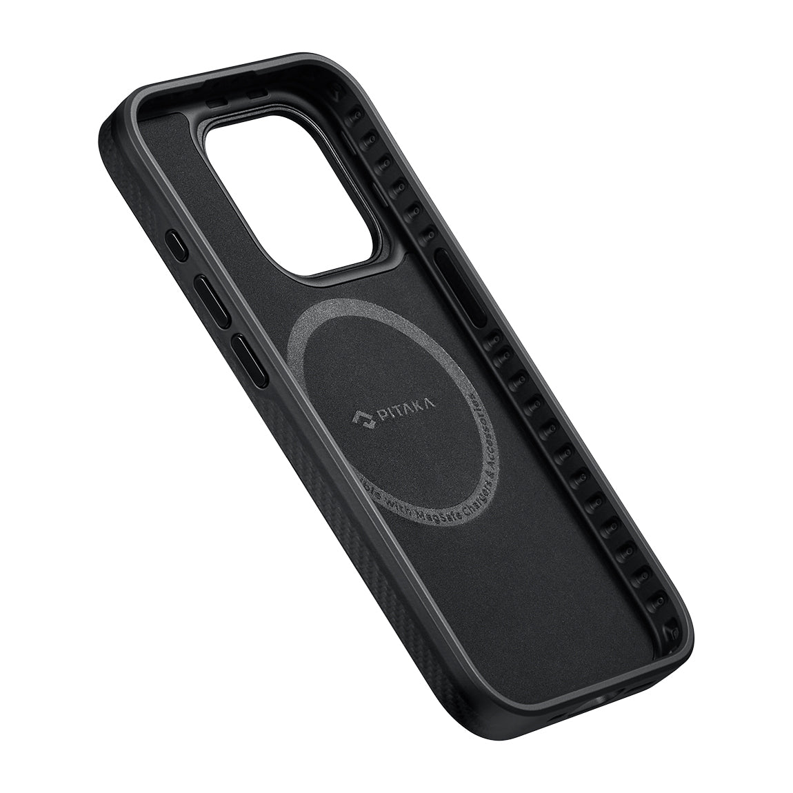 Apple iPhone 15 Pro Max Kılıf M-safe Şarj Özellikli 600D Aramid Fiber Pitaka Military-Grade Classic Serisi Black-Grey Twill Kapak