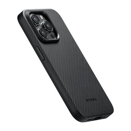 Apple iPhone 15 Pro Max Kılıf M-safe Şarj Özellikli 600D Aramid Fiber Pitaka Military-Grade Classic Serisi Black-Grey Twill Kapak
