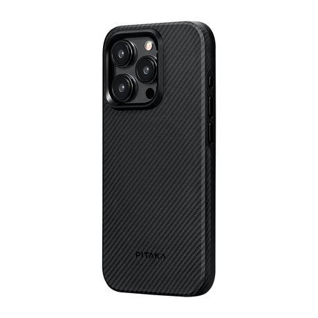 Apple iPhone 15 Pro Max Kılıf M-safe Şarj Özellikli 600D Aramid Fiber Pitaka Military-Grade Classic Serisi Black-Grey Twill Kapak