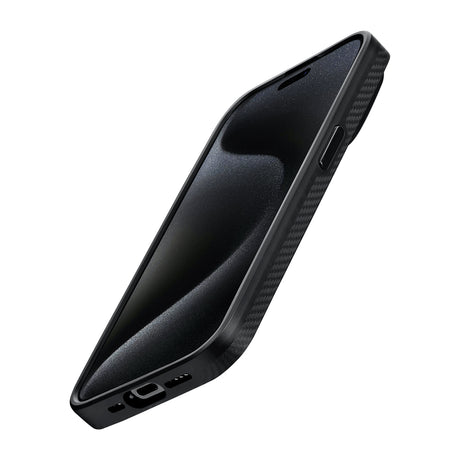 Apple iPhone 15 Pro Max Kılıf M-safe Şarj Özellikli 600D Aramid Fiber Pitaka Military-Grade Classic Serisi Black-Grey Twill Kapak