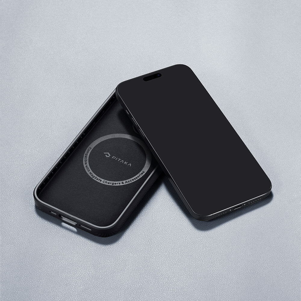 Apple iPhone 15 Pro Max Kılıf M-safe Şarj Özellikli 600D Aramid Fiber Pitaka Military-Grade Classic Serisi Black-Grey Twill Kapak