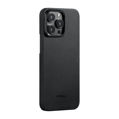 Apple iPhone 15 Pro Max Kılıf M-safe Şarj Özellikli 600D Aramid Fiber Pitaka Ultra-Slim Classic Serisi Black-Grey Twill Kapak