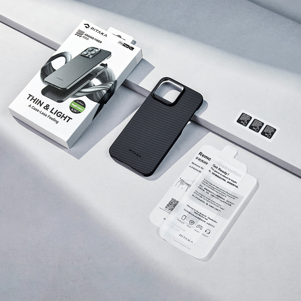 Apple iPhone 15 Pro Max Kılıf M-safe Şarj Özellikli 600D Aramid Fiber Pitaka Ultra-Slim Classic Serisi Black-Grey Twill Kapak