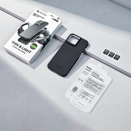 Apple iPhone 15 Pro Max Kılıf M-safe Şarj Özellikli 600D Aramid Fiber Pitaka Ultra-Slim Classic Serisi Black-Grey Twill Kapak