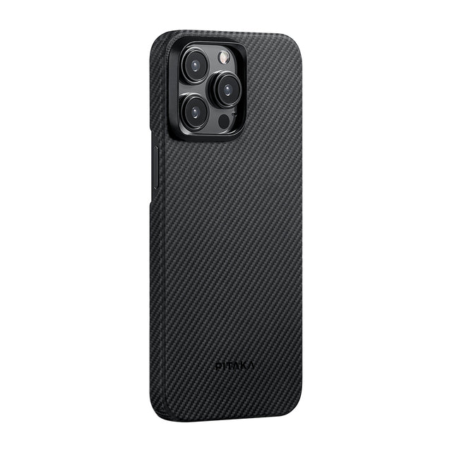 Apple iPhone 15 Pro Max Kılıf M-safe Şarj Özellikli 600D Aramid Fiber Pitaka Ultra-Slim Classic Serisi Black-Grey Twill Kapak