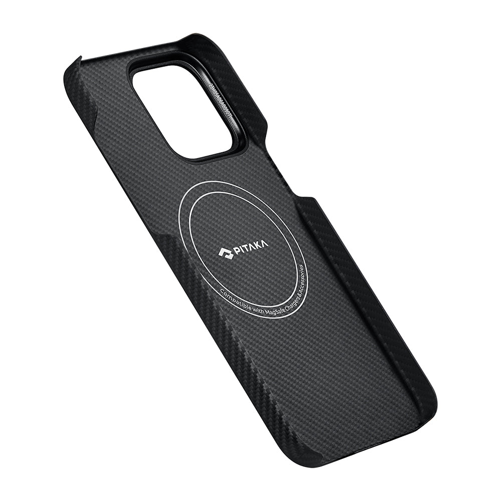 Apple iPhone 15 Pro Max Kılıf M-safe Şarj Özellikli 600D Aramid Fiber Pitaka Ultra-Slim Classic Serisi Black-Grey Twill Kapak