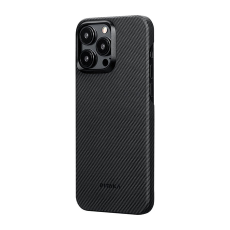 Apple iPhone 15 Pro Max Kılıf M-safe Şarj Özellikli 600D Aramid Fiber Pitaka Ultra-Slim Classic Serisi Black-Grey Twill Kapak