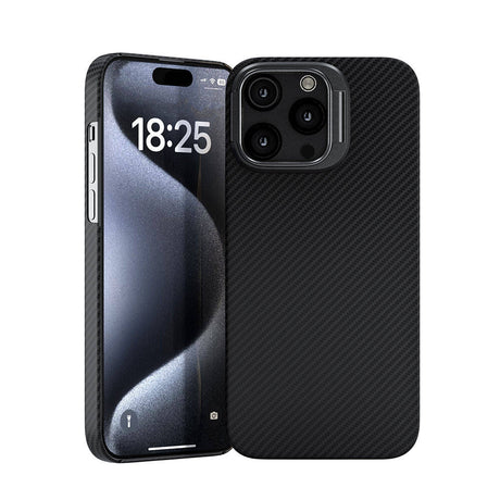 Apple iPhone 15 Pro Max Kılıf M-safe Şarj Özellikli 600D Kevlar Zore Krek Karbon Standlı Kapak