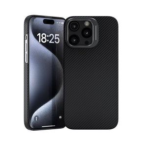 Apple iPhone 15 Pro Max Kılıf M-safe Şarj Özellikli 600D Kevlar Zore Krek Karbon Standlı Kapak