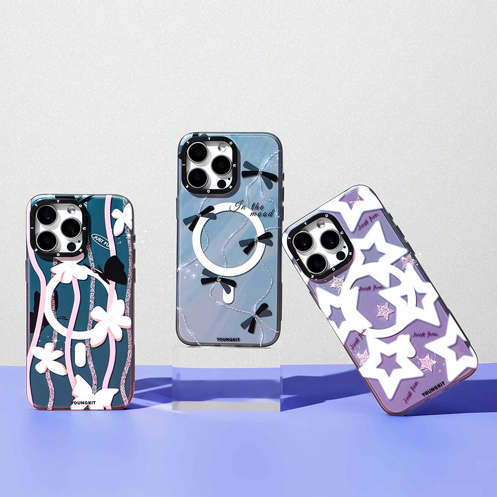 Apple iPhone 15 Pro Max Kılıf M-safe Şarj Özellikli Airbagli Çift Katmanlı Youngkit Star&Butterfly Serisi Kapak