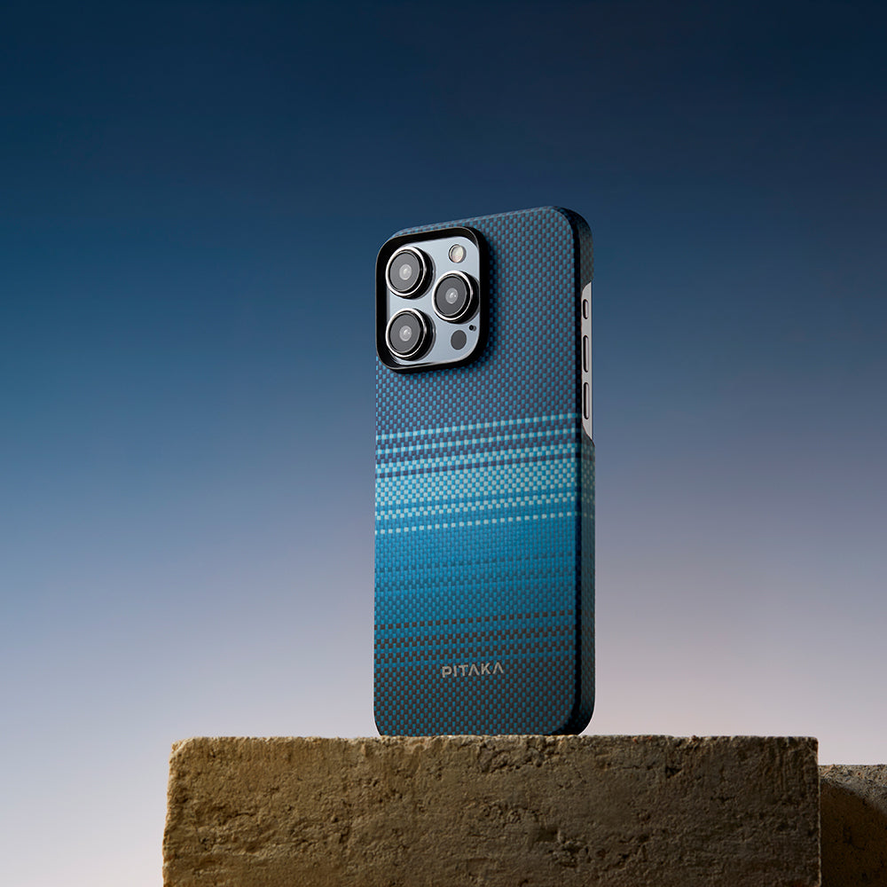 Apple iPhone 15 Pro Max Kılıf M-safe Şarj Özellikli Aramid Fiber Pitaka Tactile Woven Sunset-Moonrise Serisi Moonrise Kapak