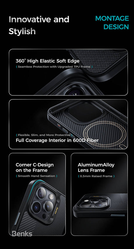 Apple iPhone 15 Pro Max Kılıf M-safe Şarj Özellikli Karbon Fiber Benks Montage Hybrid ArmorPro Kevlar Kapak
