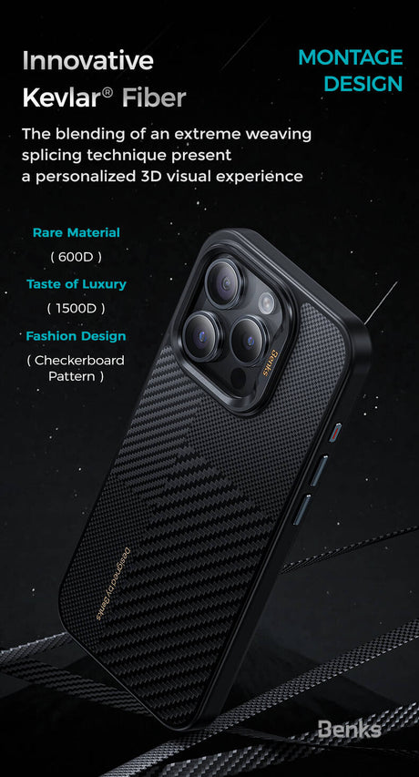 Apple iPhone 15 Pro Max Kılıf M-safe Şarj Özellikli Karbon Fiber Benks Montage Hybrid ArmorPro Kevlar Kapak