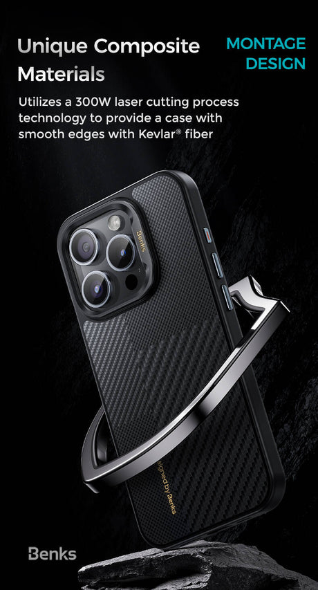 Apple iPhone 15 Pro Max Kılıf M-safe Şarj Özellikli Karbon Fiber Benks Montage Hybrid ArmorPro Kevlar Kapak