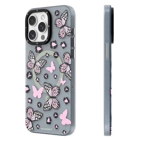 Apple iPhone 15 Pro Max Kılıf M-safe Şarj Özellikli Kelebek Desenli Youngkit Shadow Dance Serisi Kapak