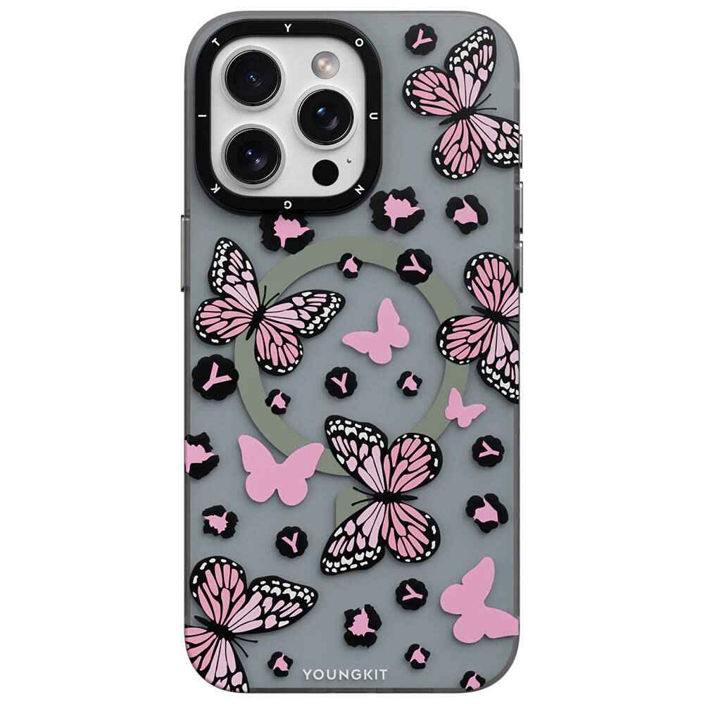 Apple iPhone 15 Pro Max Kılıf M-safe Şarj Özellikli Kelebek Desenli Youngkit Shadow Dance Serisi Kapak