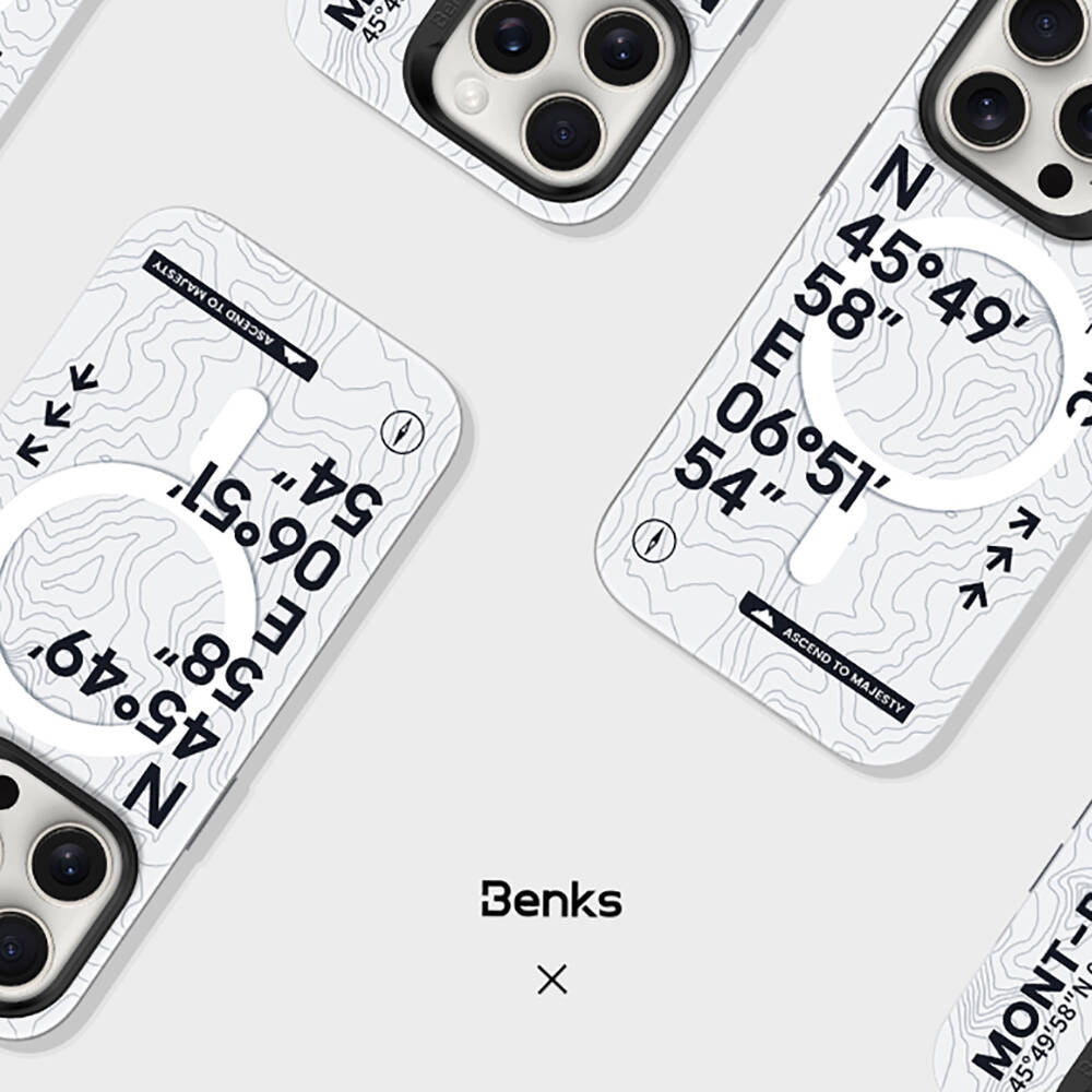 Apple iPhone 15 Pro Max Kılıf M-safe Şarj Özellikli Koordinat Yazı Desenli Benks Summit Serisi Kapak