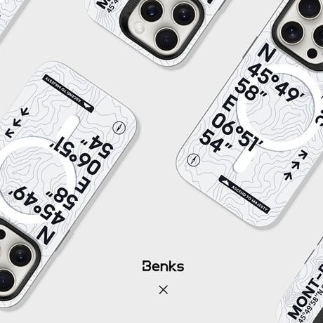 Apple iPhone 15 Pro Max Kılıf M-safe Şarj Özellikli Koordinat Yazı Desenli Benks Summit Serisi Kapak