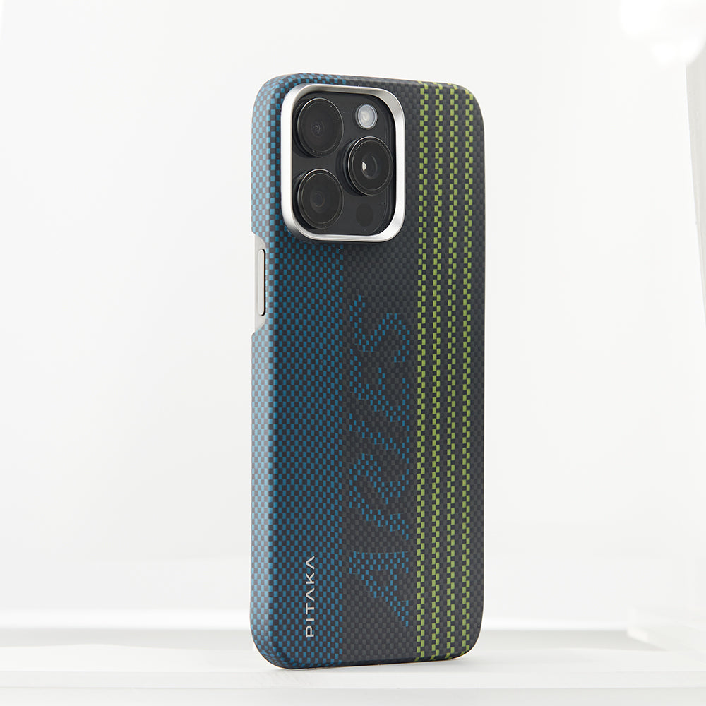 Apple iPhone 15 Pro Max Kılıf M-safe Şarj Özellikli Lumintex Teknolojili Fosforlu Aramid Fiber Pitaka Tactile Woven Aries Serisi Kapak