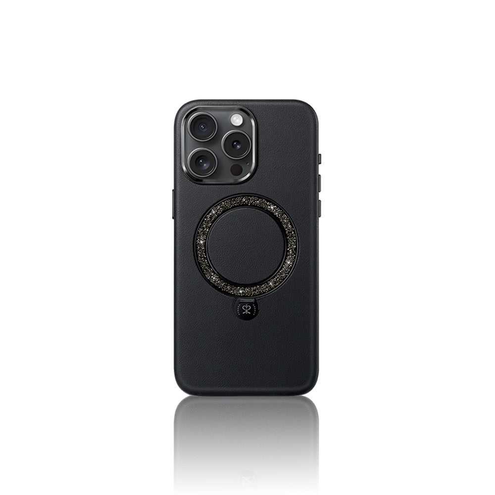Apple iPhone 15 Pro Max Kılıf M-safe Şarj Özellikli Standlı Suni Deri Tasarımlı Pynana Dancing Circle Serisi Kapak